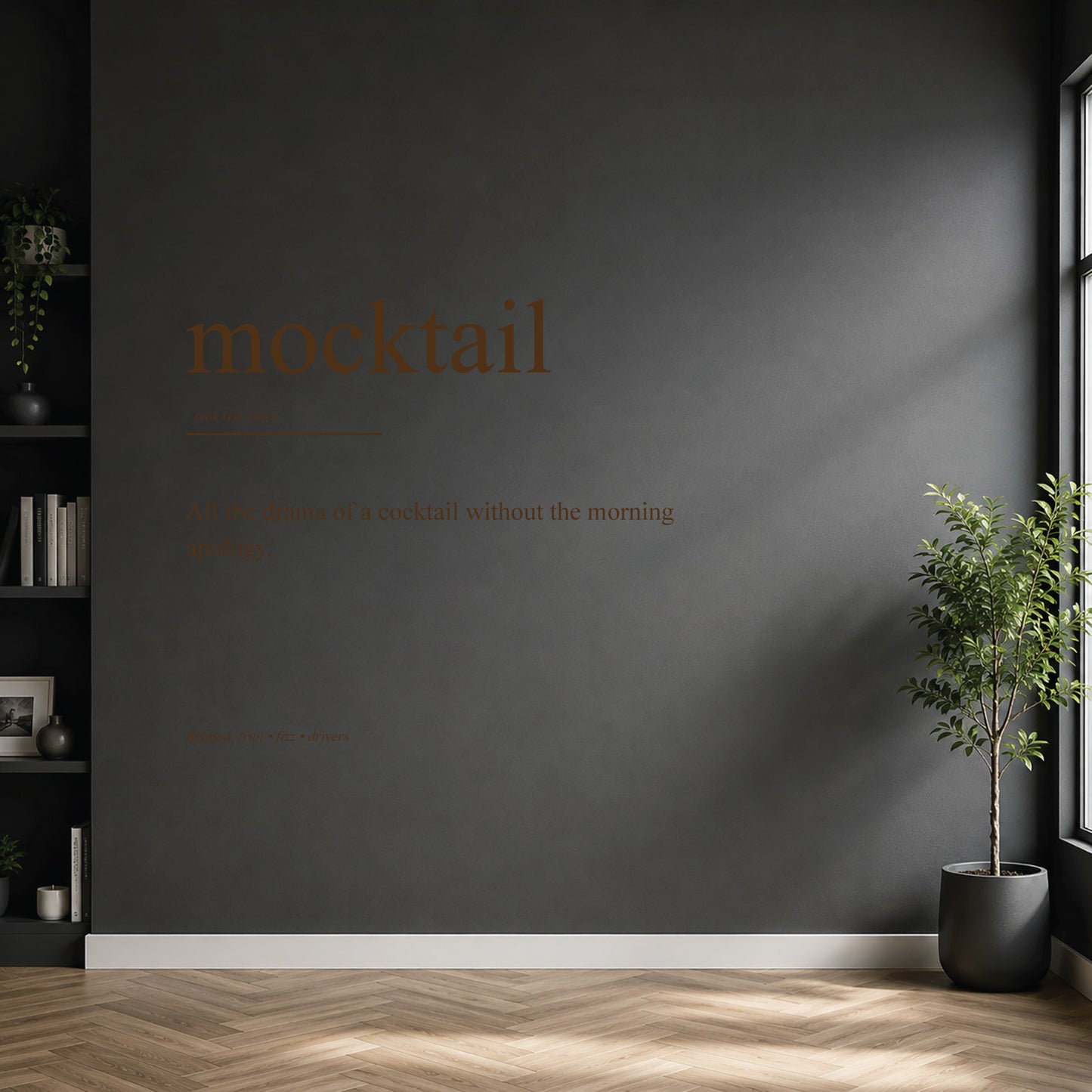 White mocktail dictionary definition wall sticker on a modern kitchen or home bar wall.