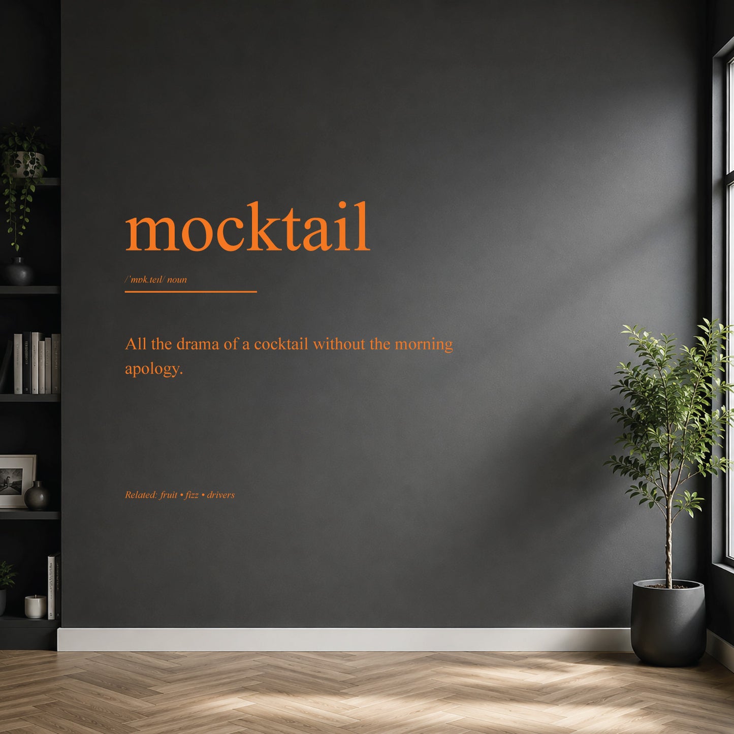 White mocktail dictionary definition wall sticker on a modern kitchen or home bar wall.