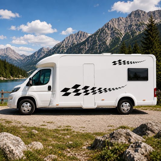 Chequered Strip Motorhome Side Graphics – Campervan Vinyl Decals