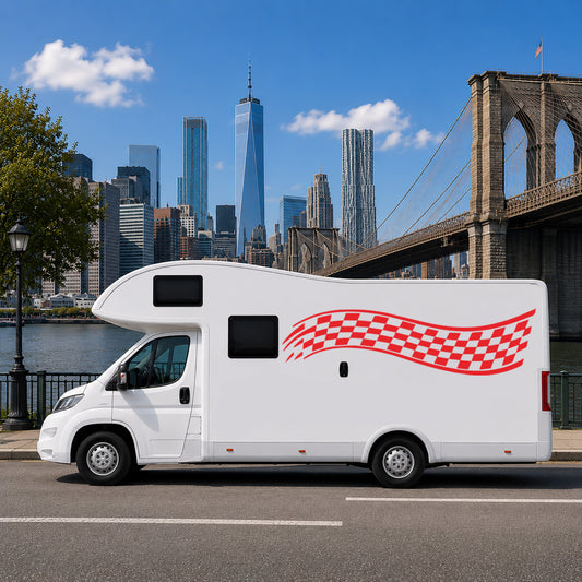 Red Wave Chequered Motorhome Graphics – Campervan Side Vinyl Decals