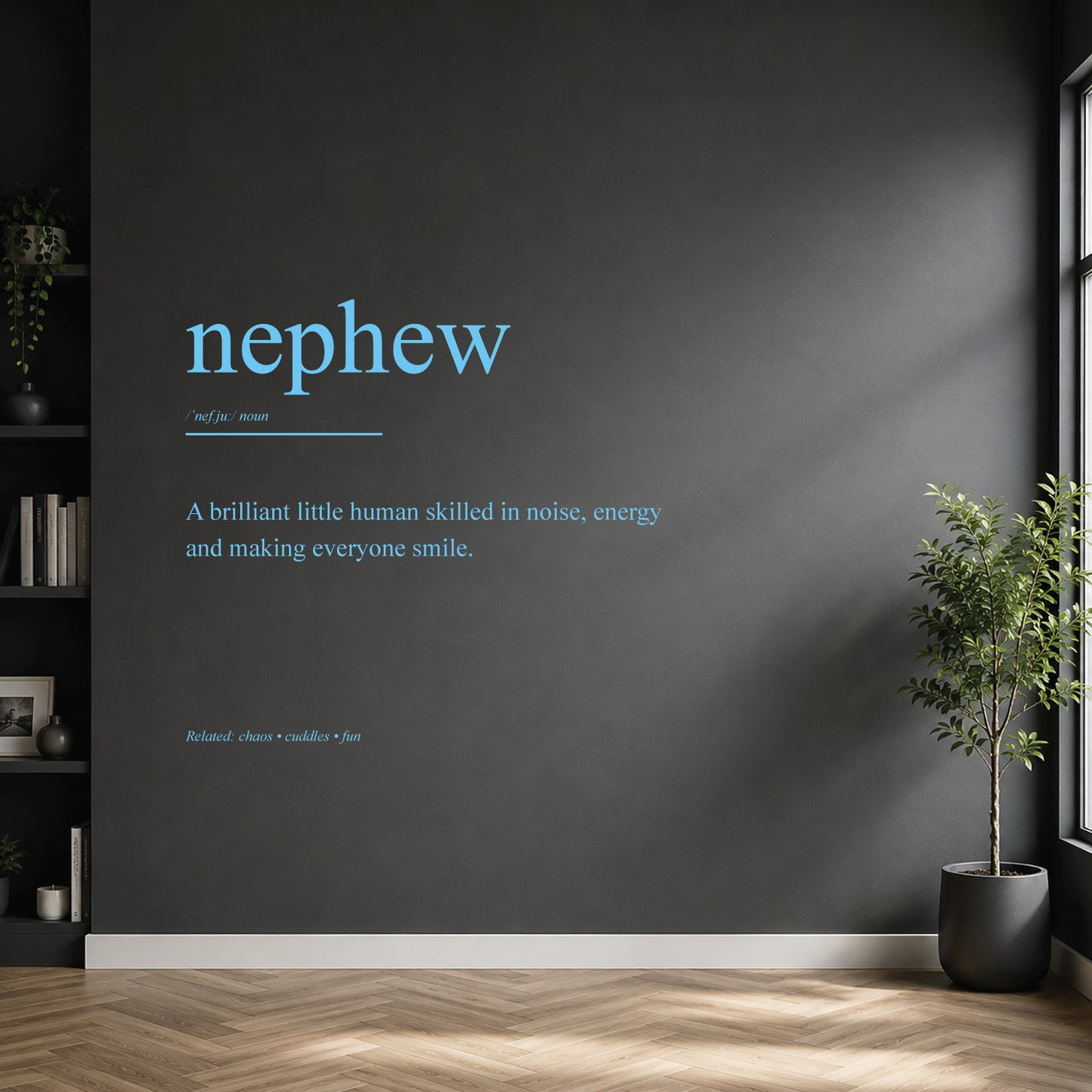 White nephew dictionary definition wall sticker on a dark modern wall.