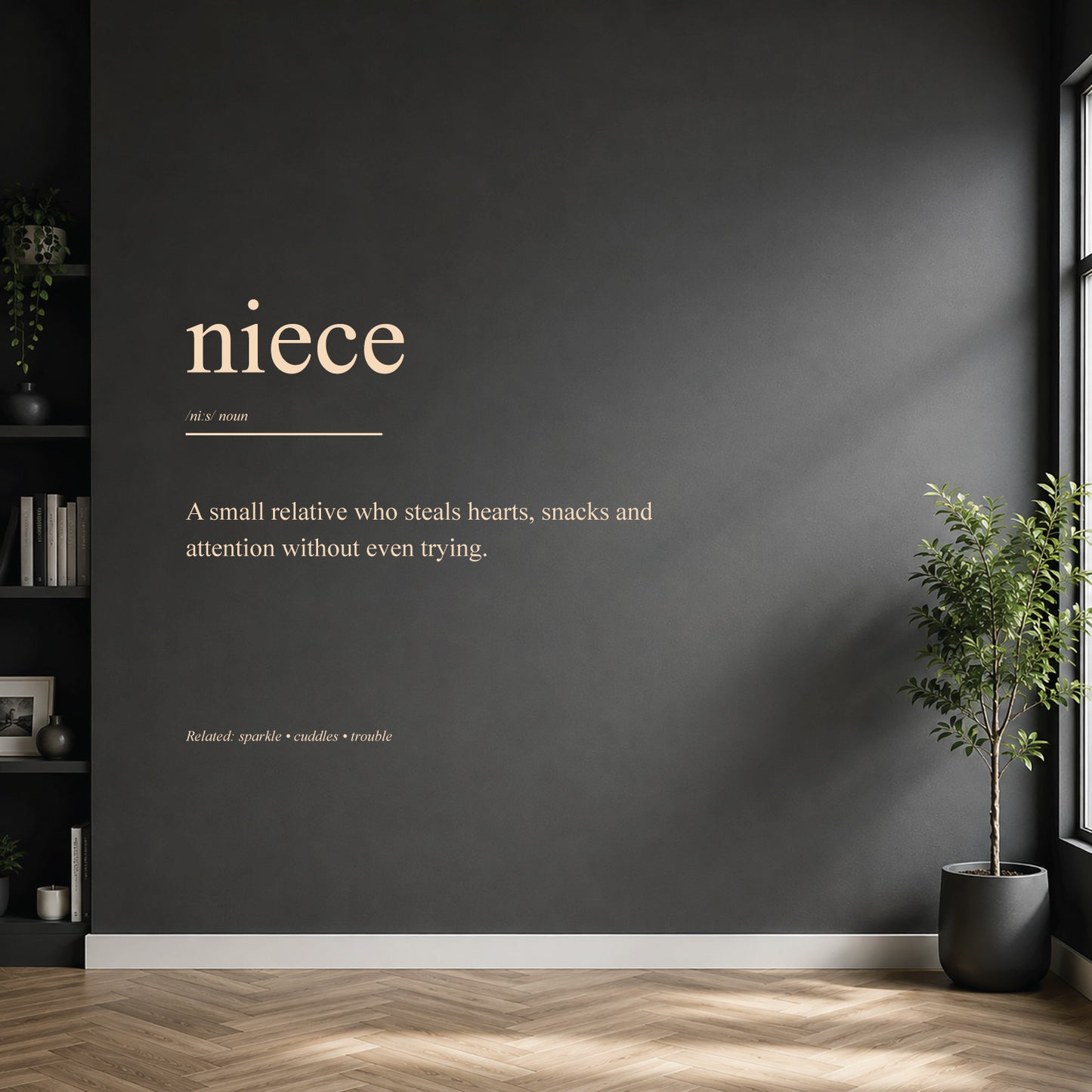 White niece dictionary definition wall sticker on a dark modern wall.
