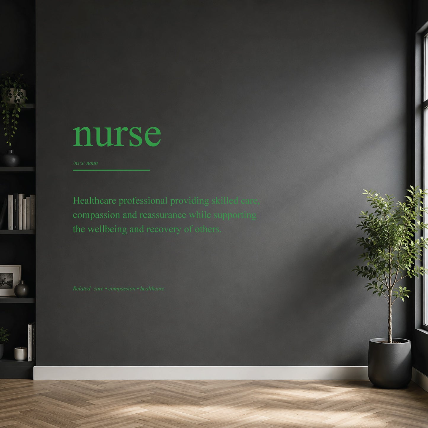 White nurse definition wall sticker on a dark modern wall.