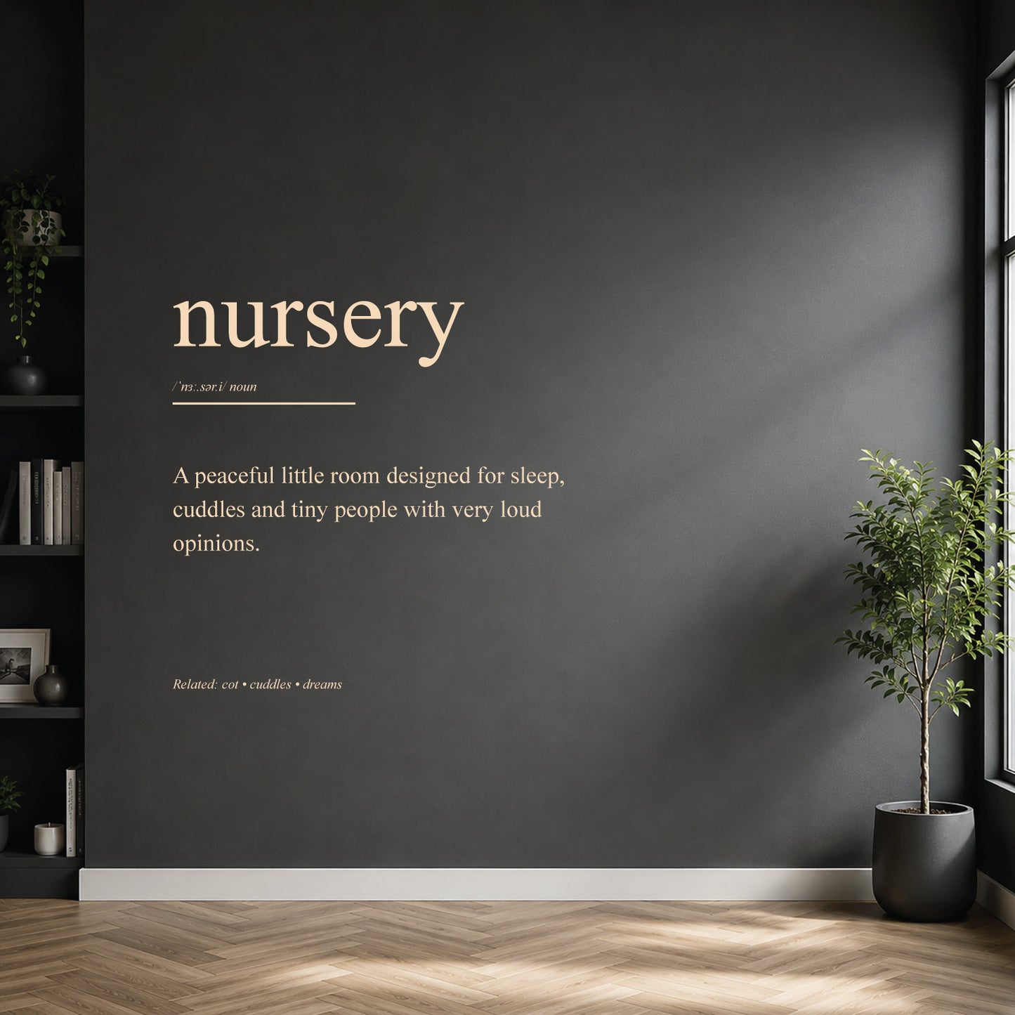 White nursery definition wall sticker on a dark modern wall.