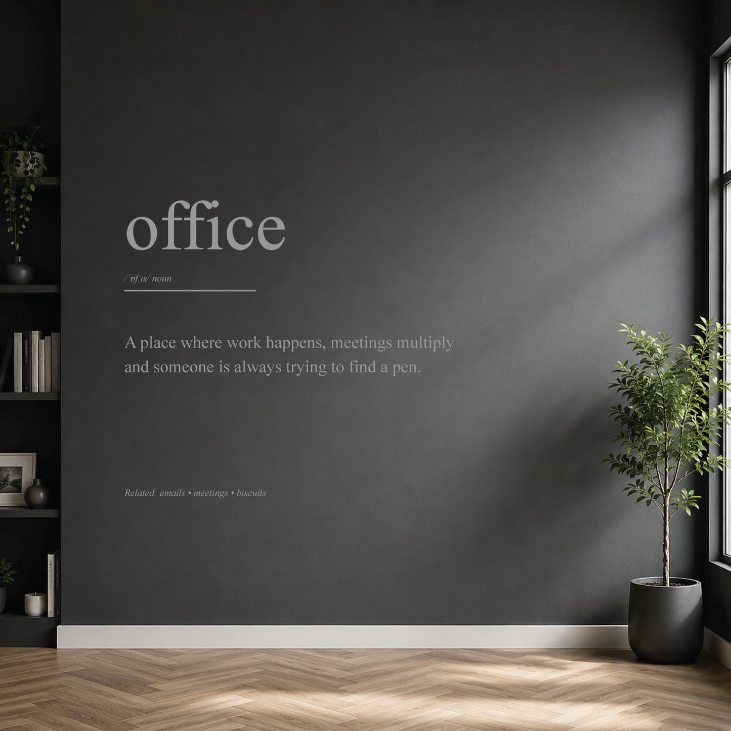 White office definition wall sticker on a dark modern wall.