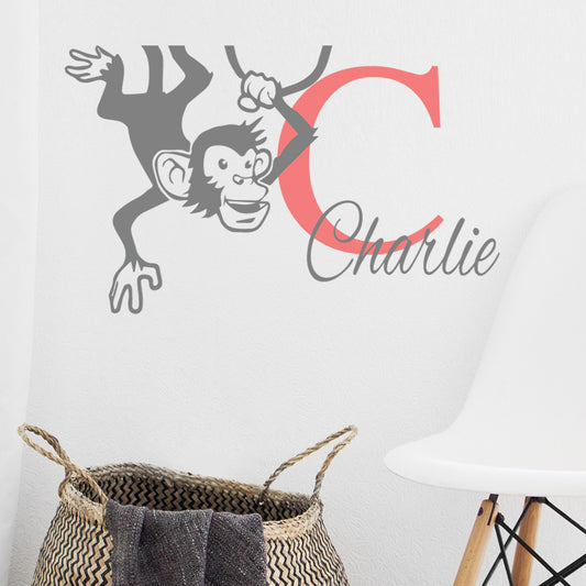 Personalised Hanging Monkey Initial Name Wall Stickers & Decals