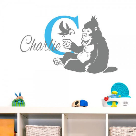 Personalised Gorilla & Bird Initial Name Wall Stickers & Decals for Kids