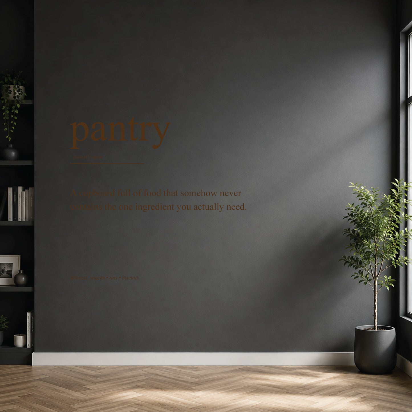 White pantry definition wall sticker on a dark modern wall.