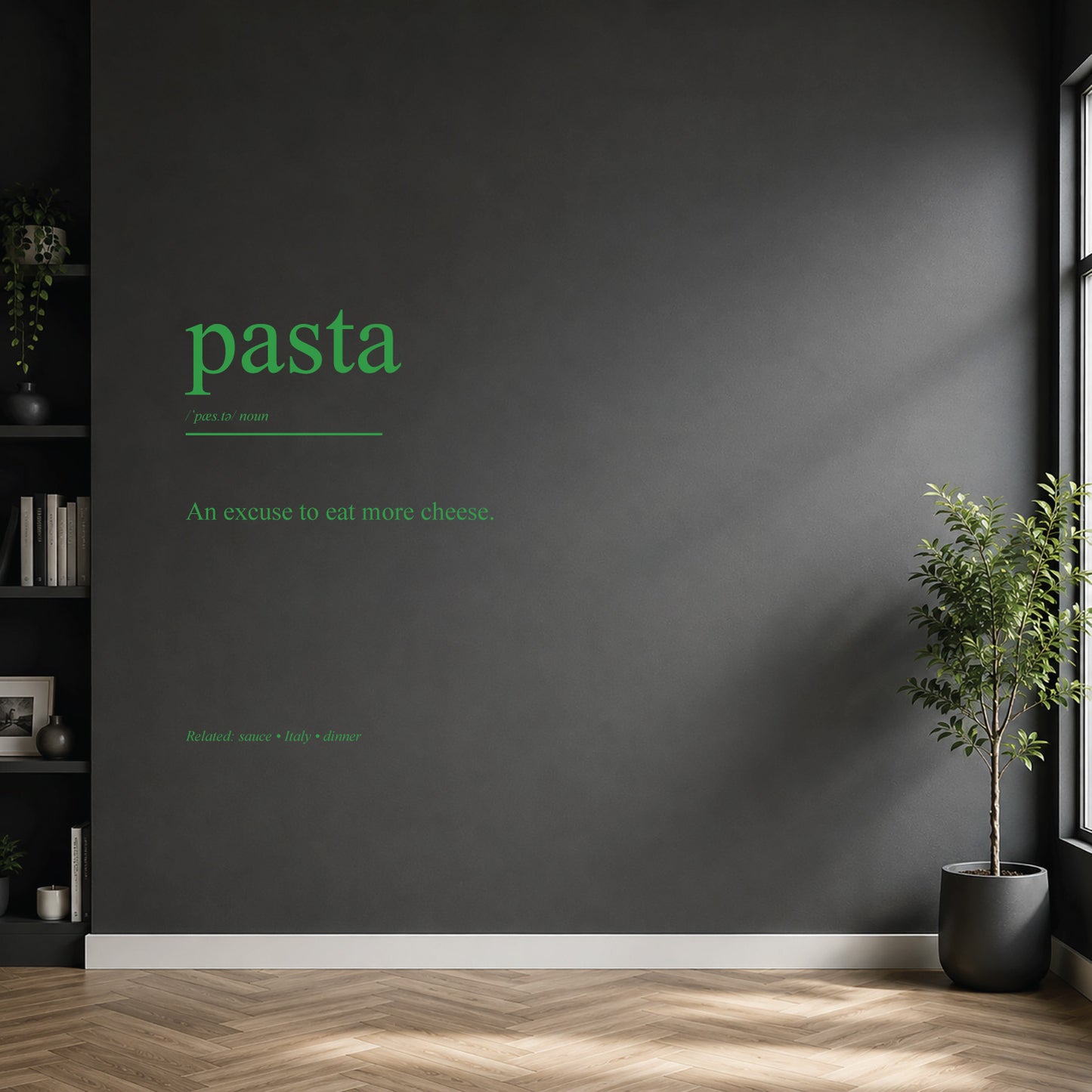 White pasta dictionary definition wall sticker on a modern kitchen wall.