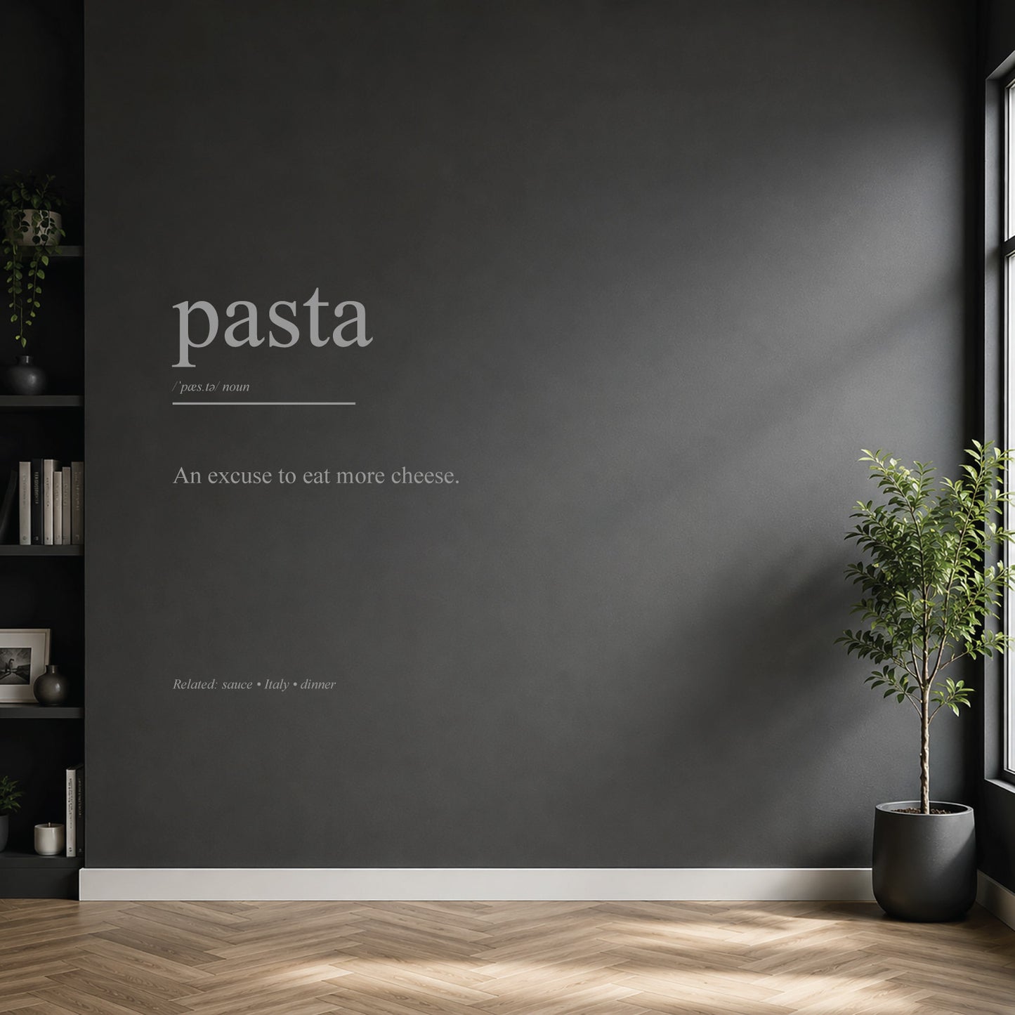 White pasta dictionary definition wall sticker on a modern kitchen wall.