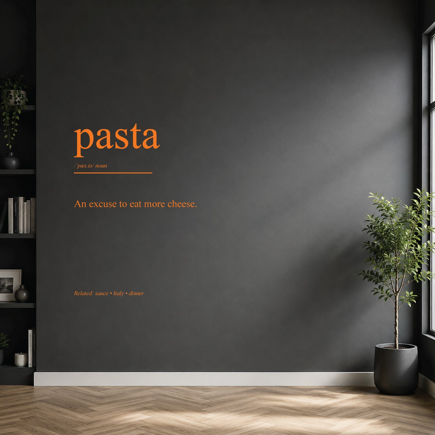 White pasta dictionary definition wall sticker on a modern kitchen wall.