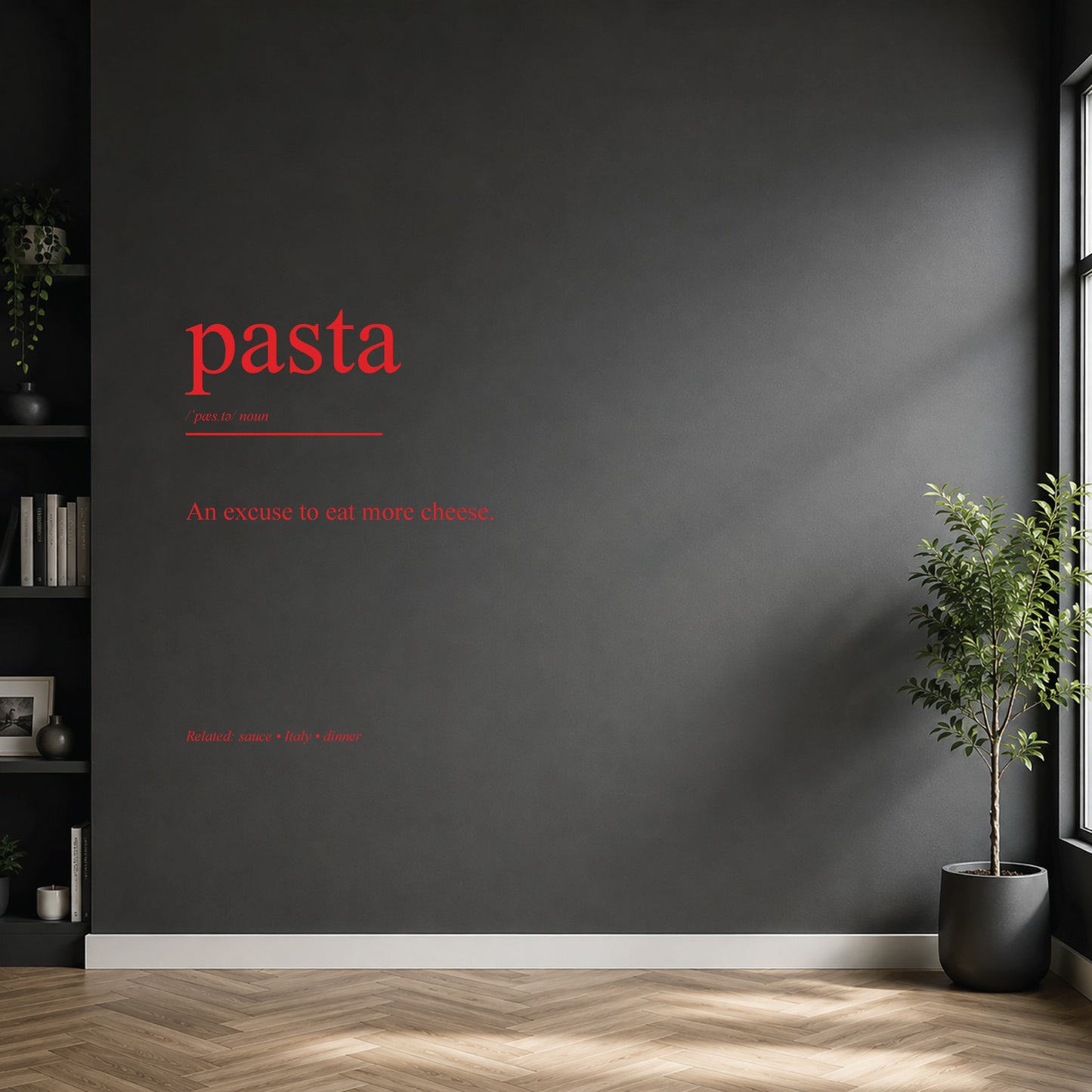 White pasta dictionary definition wall sticker on a modern kitchen wall.
