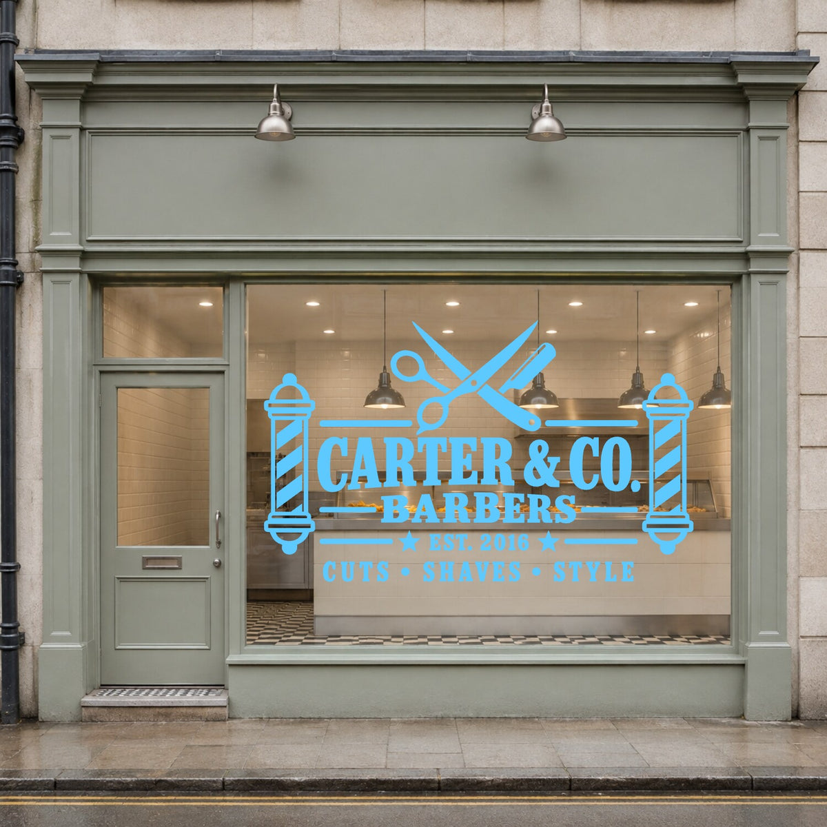 Personalised Barber Shop Sign Wall Sticker - Light Blue