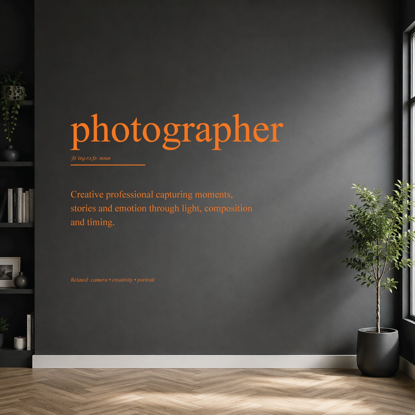 White photographer definition wall sticker on a dark modern wall.