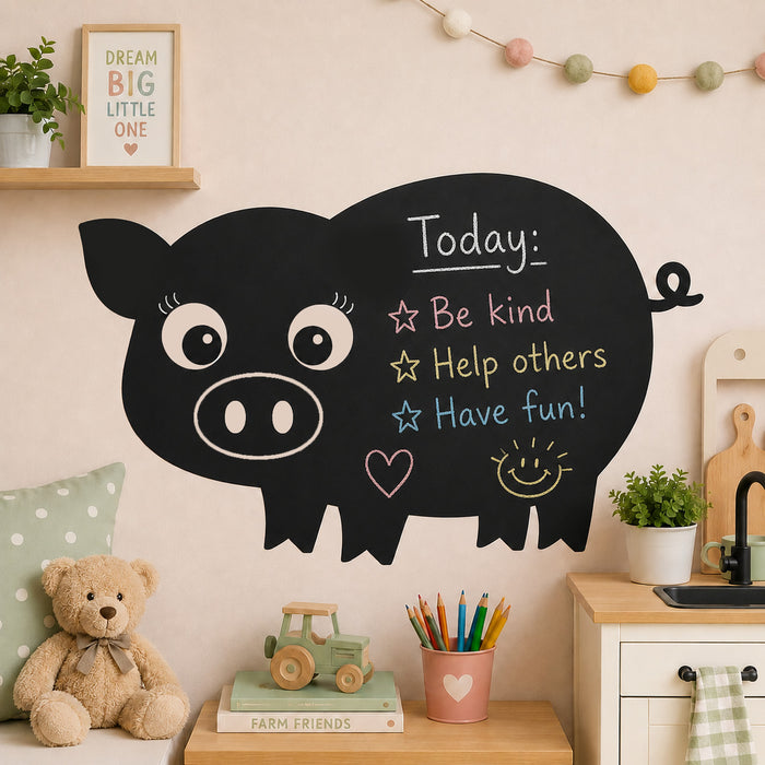 Pig chalkboard wall sticker with writable blackboard surface in kids farm playroom