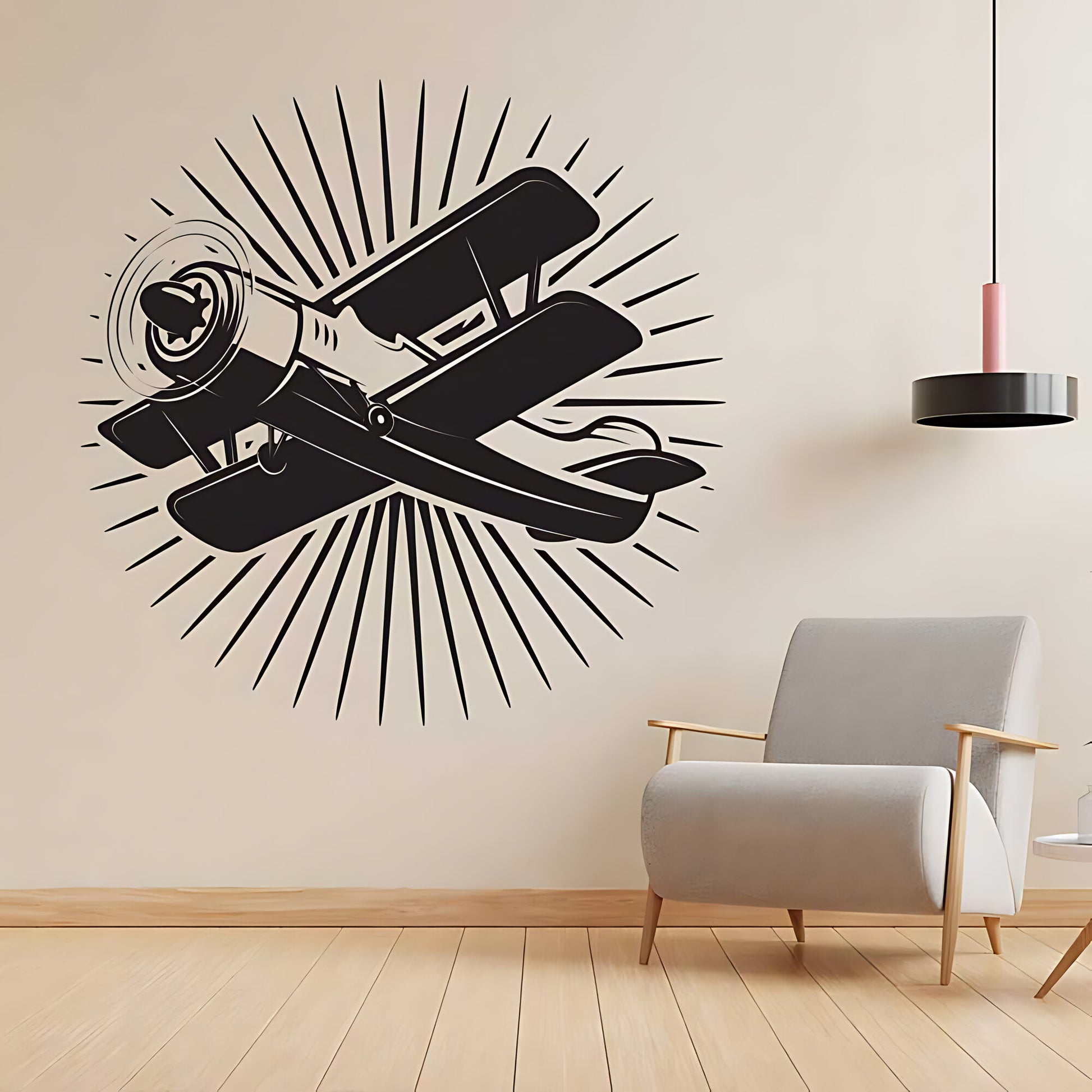 Vintage Biplane Sunburst Wall Sticker - Aircraft Decal