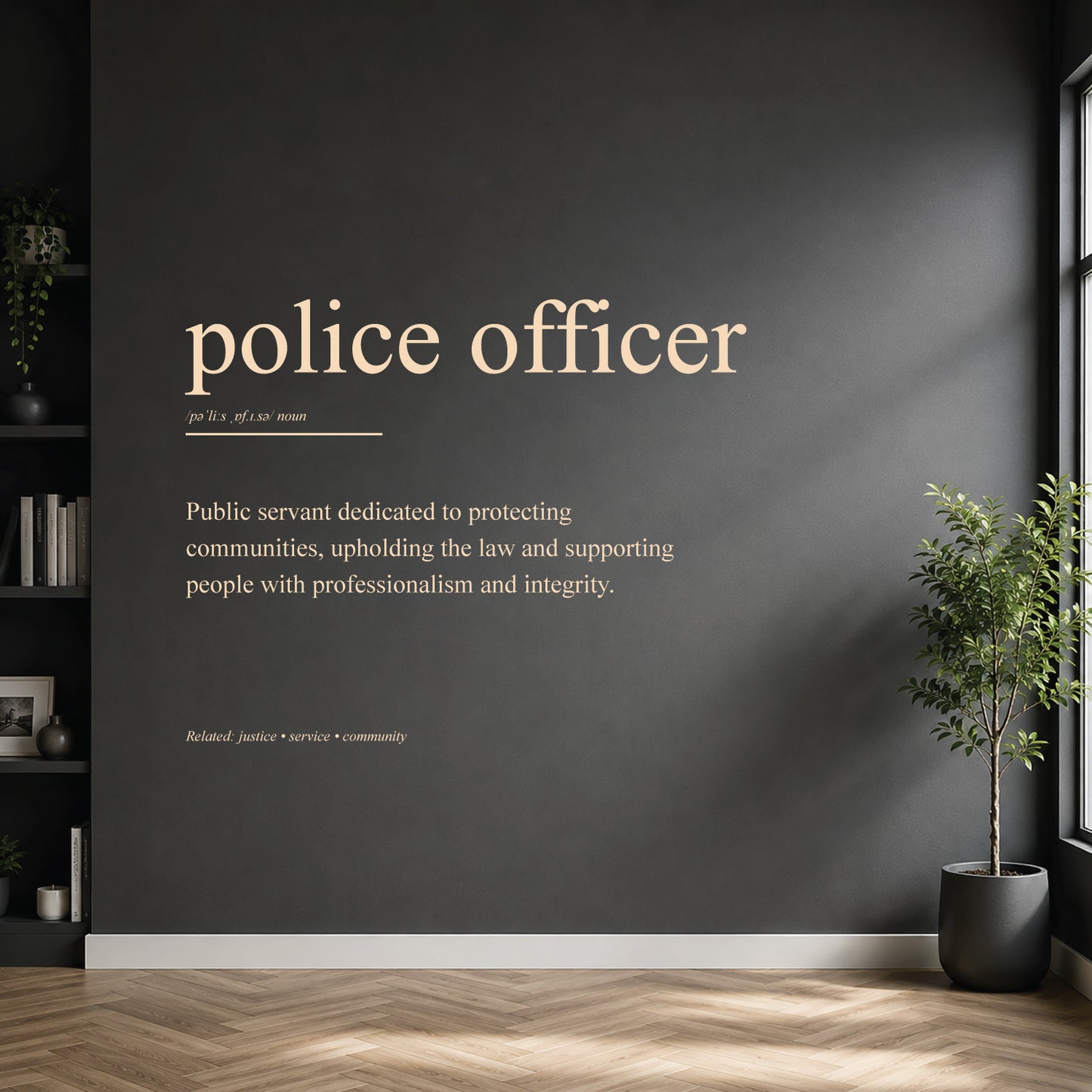 White police officer definition wall sticker on a dark modern wall.
