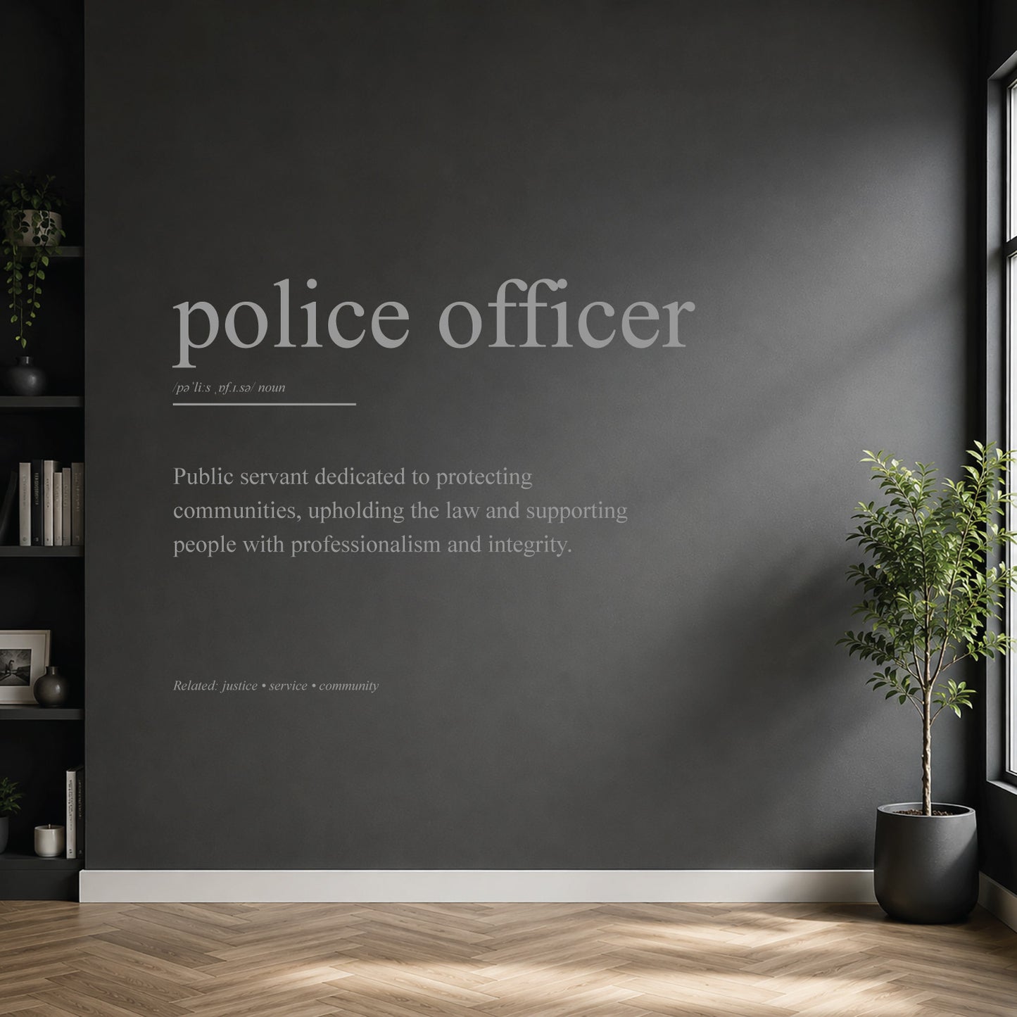 White police officer definition wall sticker on a dark modern wall.