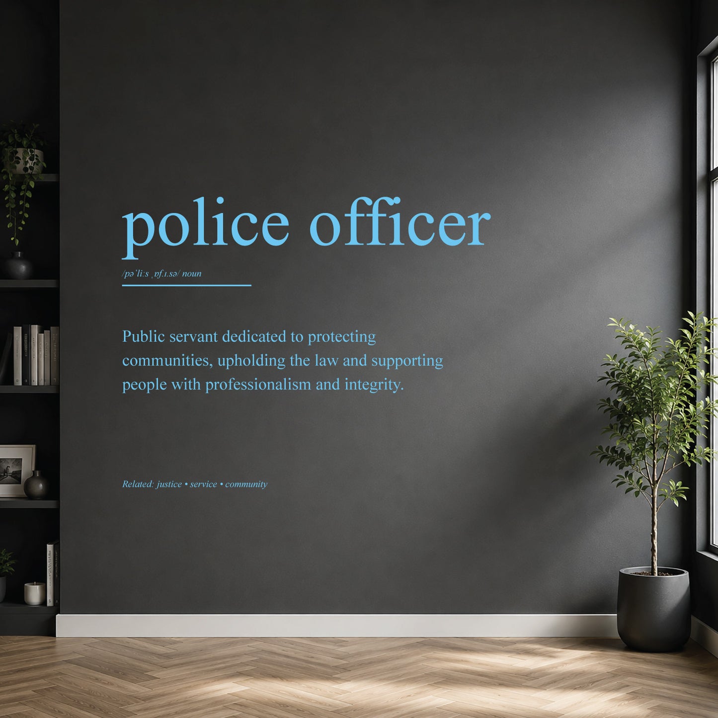 White police officer definition wall sticker on a dark modern wall.