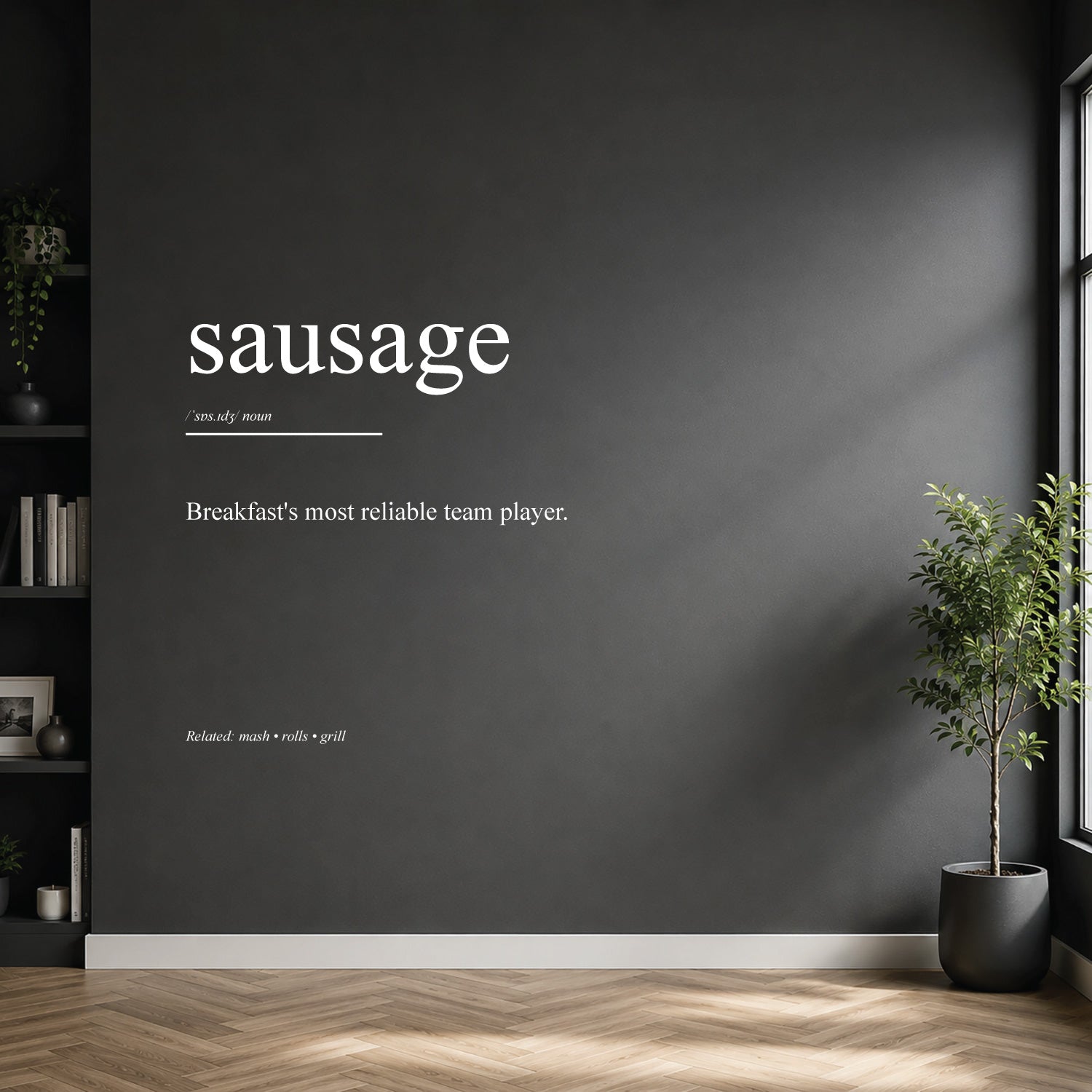 White sausage dictionary definition wall sticker on a modern kitchen wall.