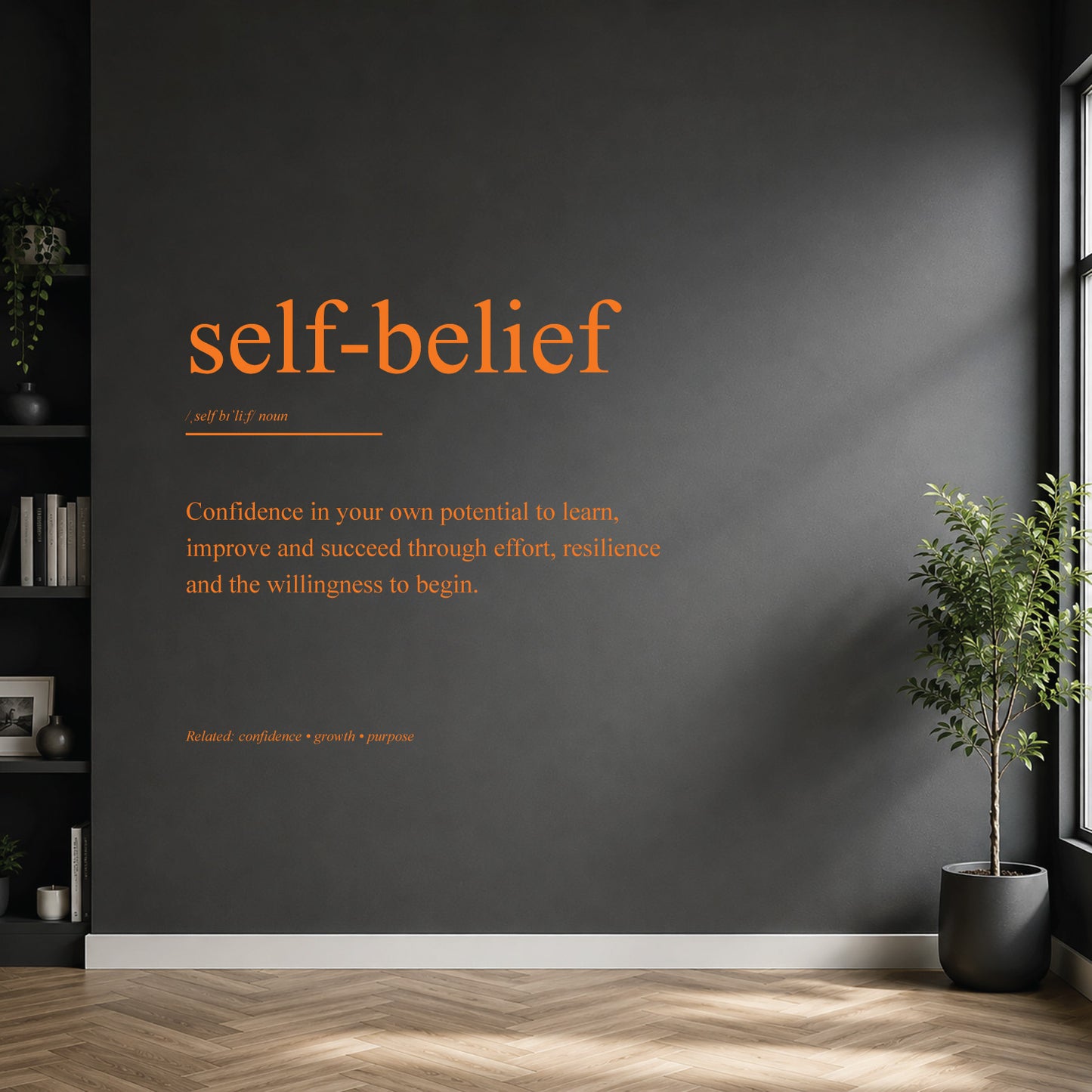 White self-belief definition wall sticker on a dark modern wall.