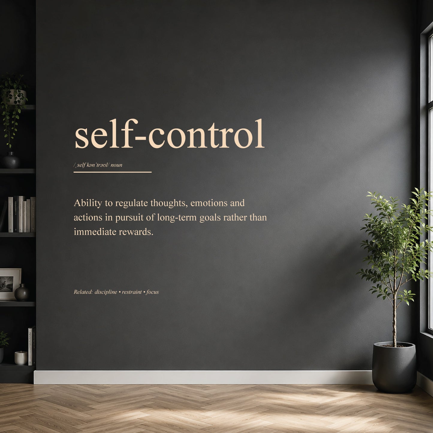 White self-control definition wall sticker on a dark modern wall.