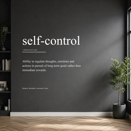 White self-control definition wall sticker on a dark modern wall.