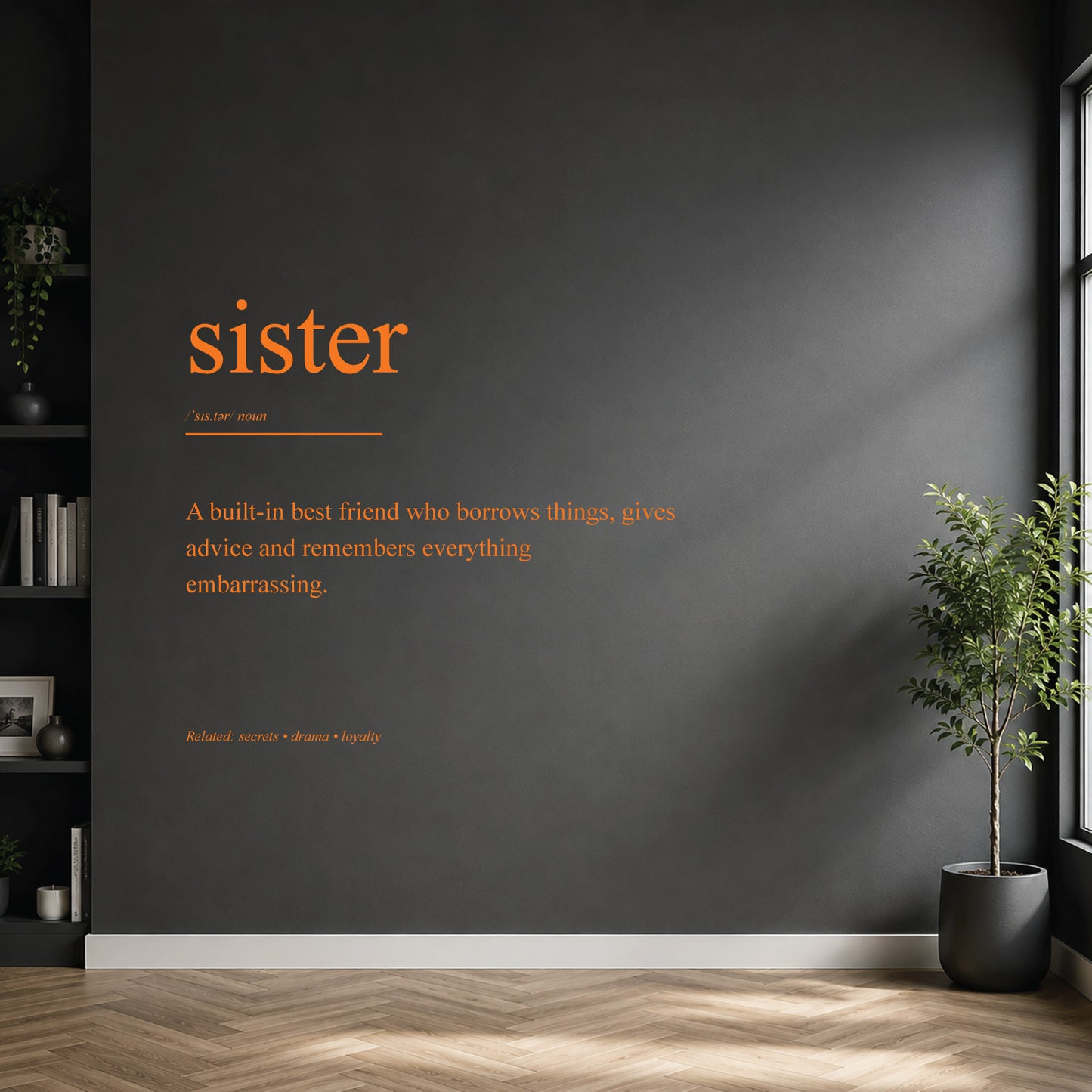 White sister dictionary definition wall sticker on a dark modern wall.