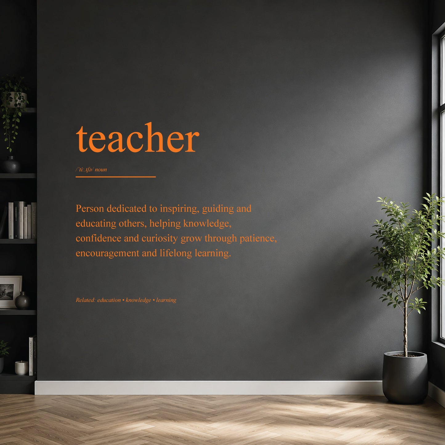 White teacher definition wall sticker on a dark modern wall.