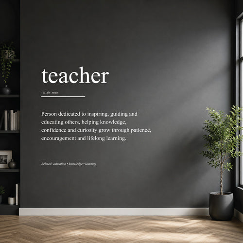 White teacher definition wall sticker on a dark modern wall.