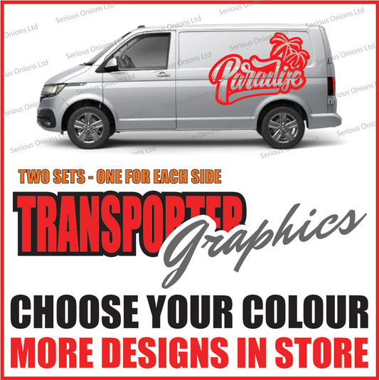 Paradise script with palm tree side panel graphic for VW Transporter