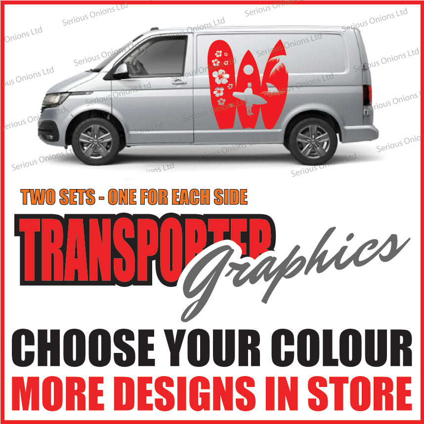 Three surfboards with surfer silhouette side graphic for VW Transporter