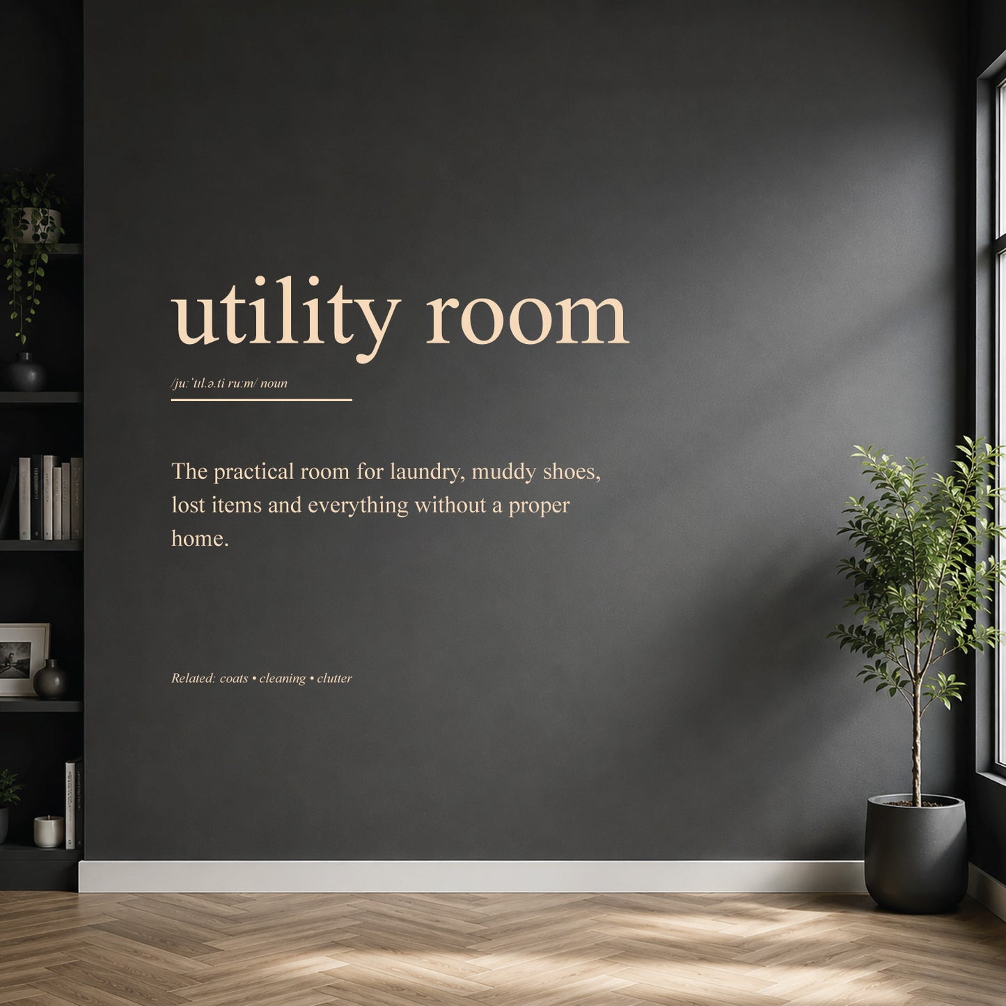 White utility room definition wall sticker on a dark modern wall.