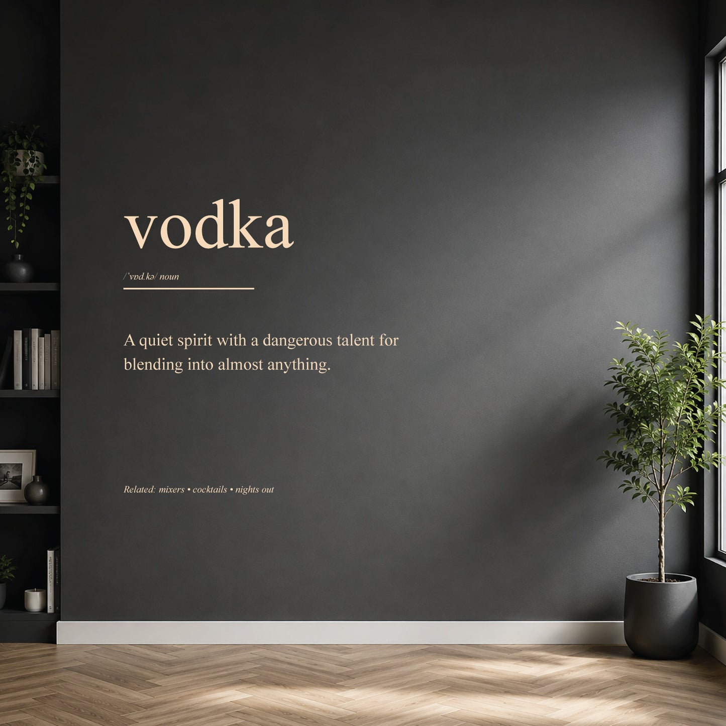 White vodka dictionary definition wall sticker on a modern kitchen or home bar wall.