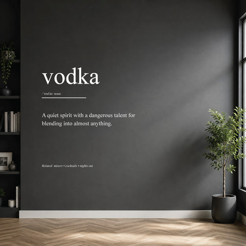 White vodka dictionary definition wall sticker on a modern kitchen or home bar wall.