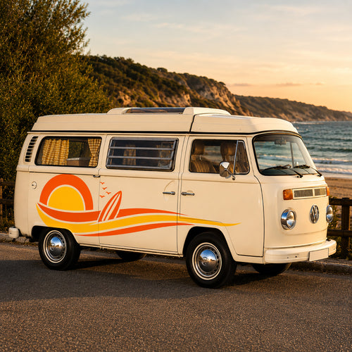 Retro Sunset VW Camper Graphics – Vintage Surf Campervan Side Stickers & Decal