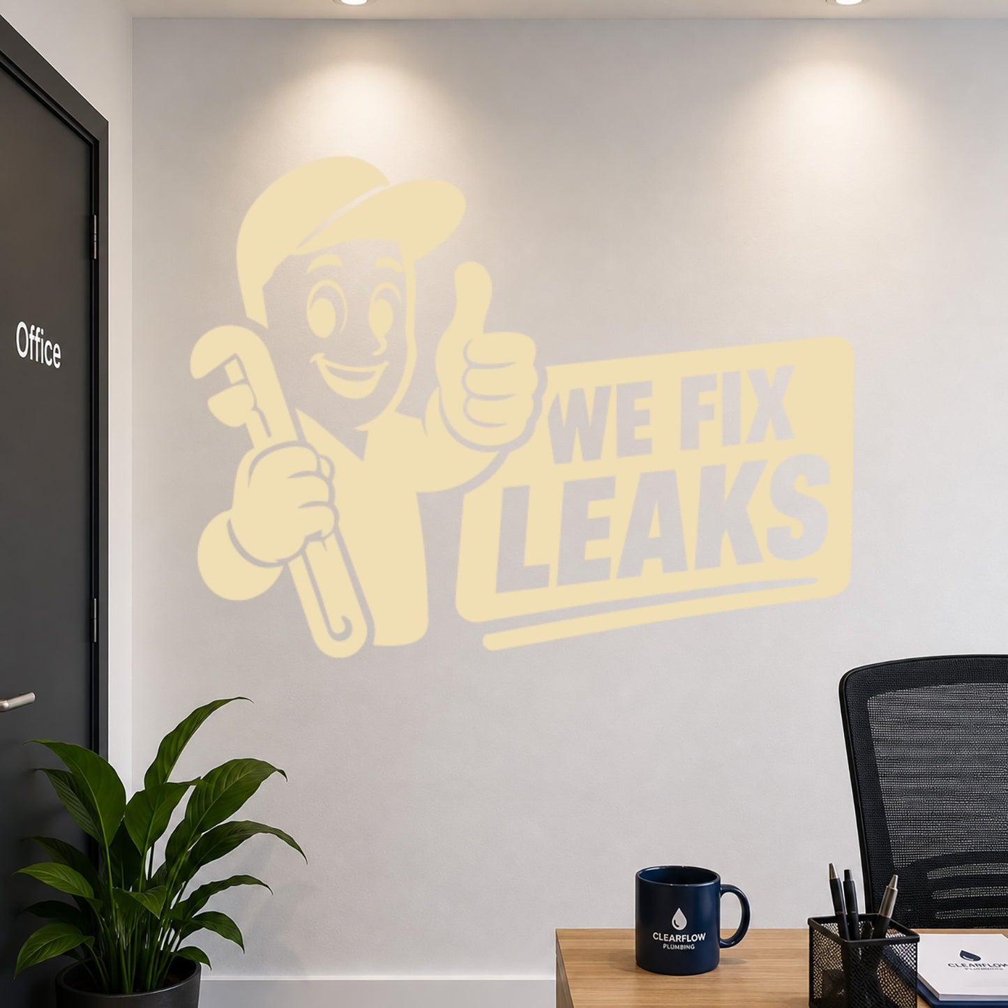 We Fix Leaks Plumber Mascot Vinyl Sticker - Beige