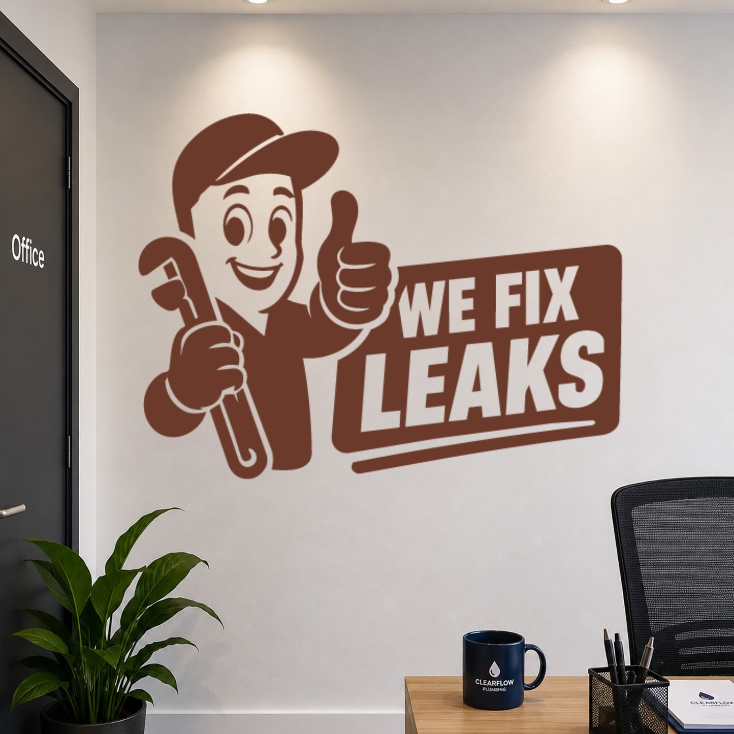 We Fix Leaks Plumber Mascot Vinyl Sticker - Brown