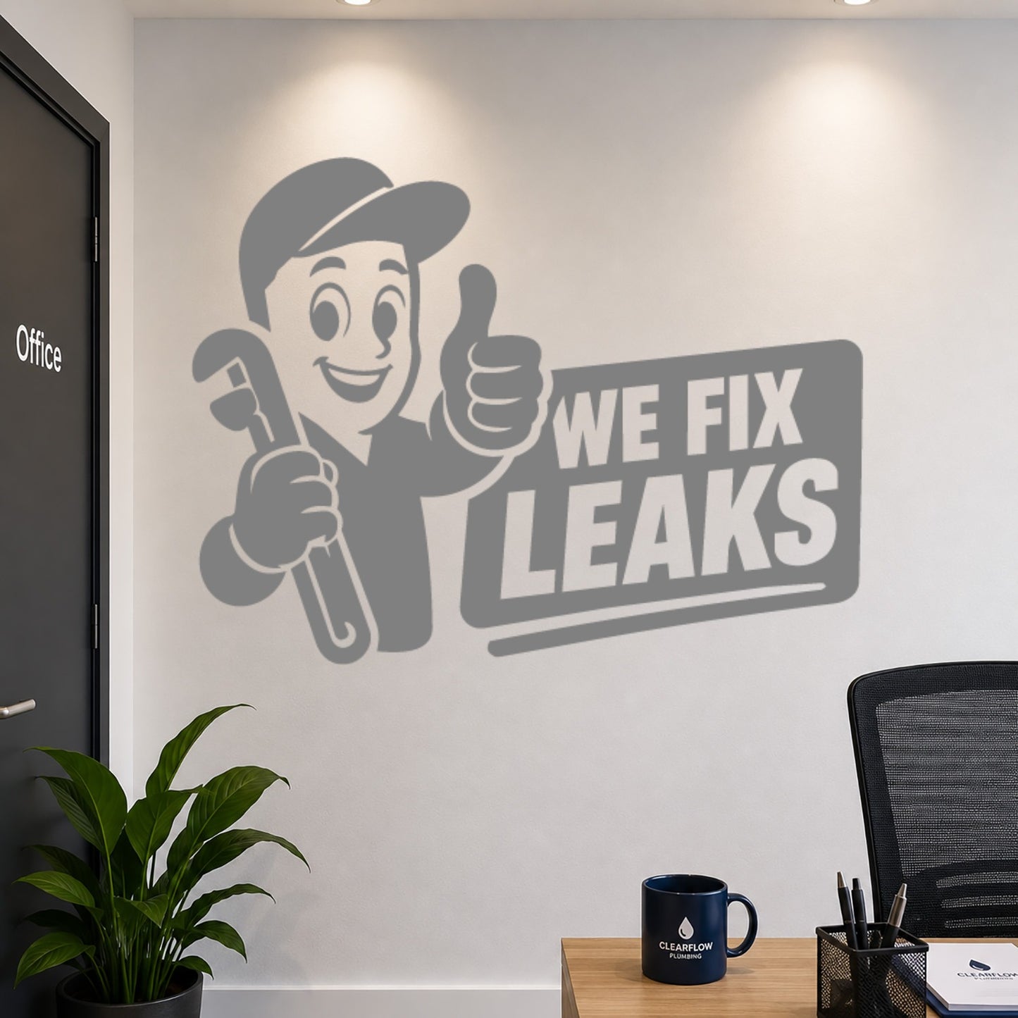 We Fix Leaks Plumber Mascot Vinyl Sticker - Grey
