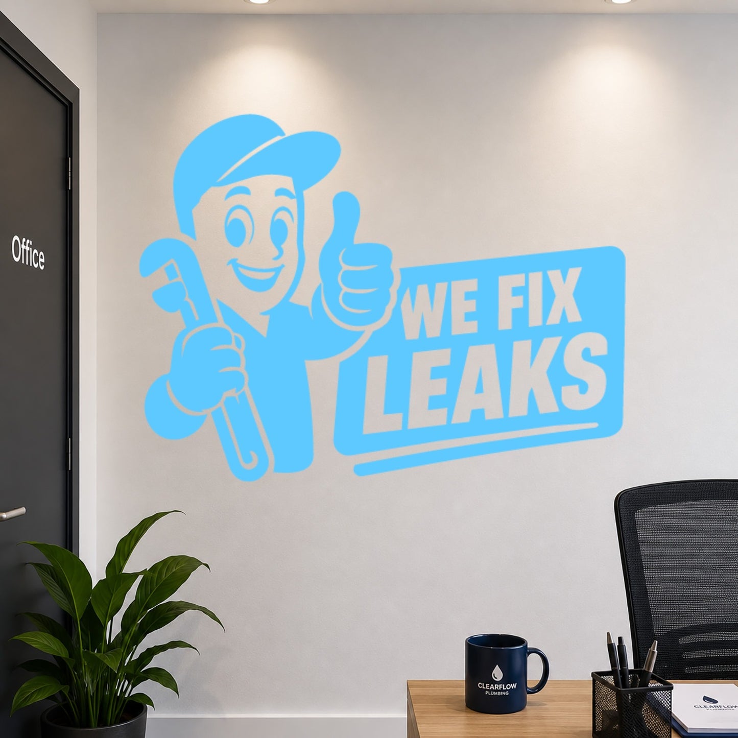 We Fix Leaks Plumber Mascot Vinyl Sticker - Light Blue