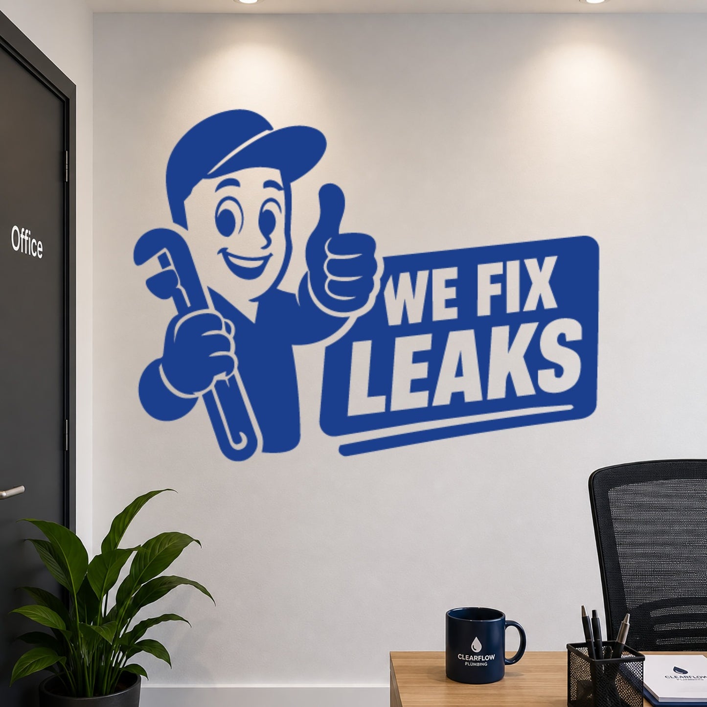 We Fix Leaks Plumber Mascot Vinyl Sticker - Navy Blue