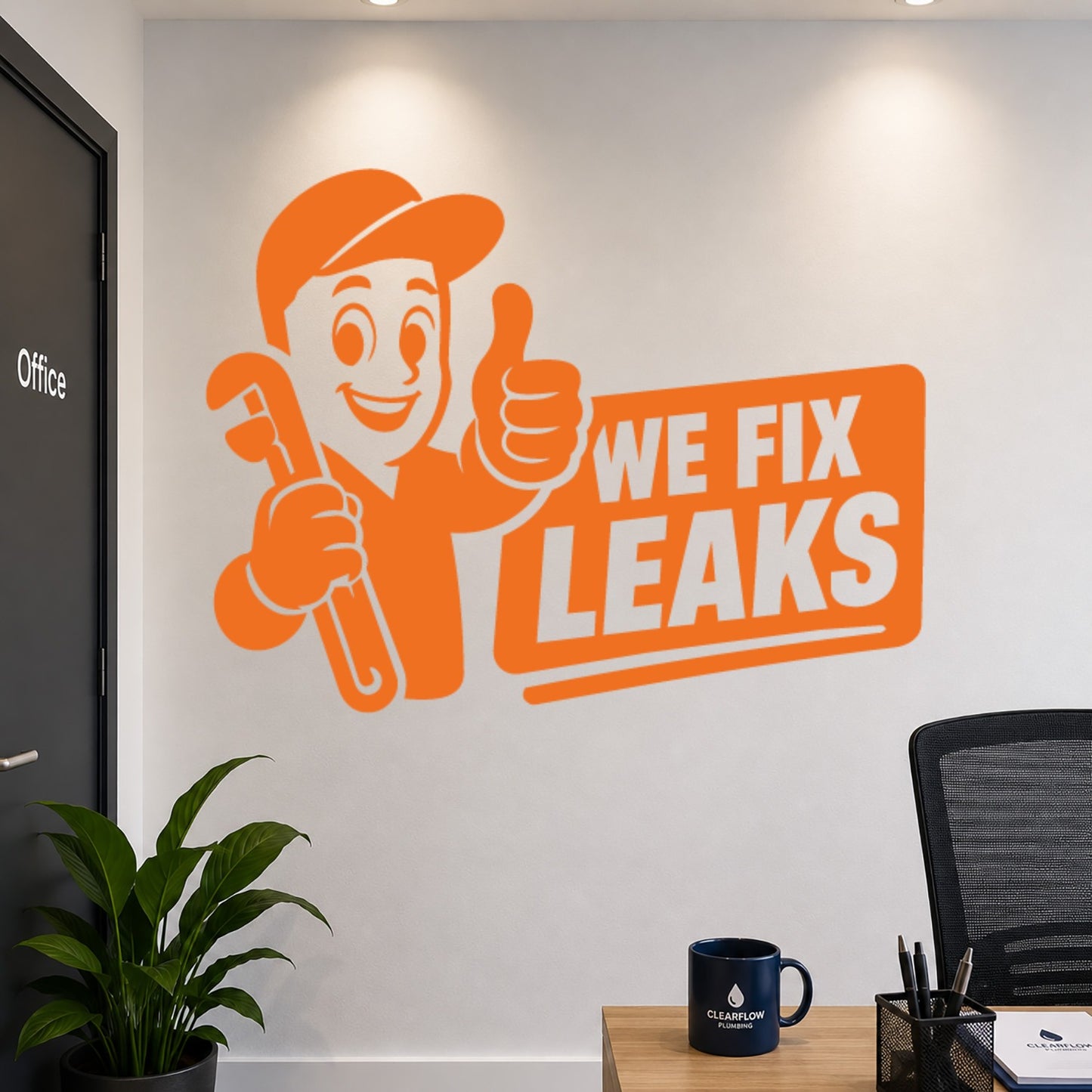 We Fix Leaks Plumber Mascot Vinyl Sticker - Orange