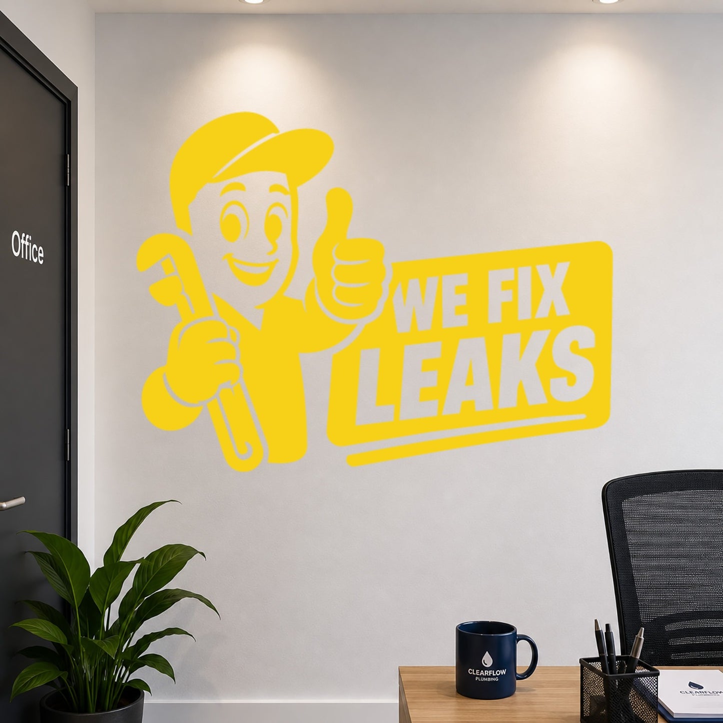 We Fix Leaks Plumber Mascot Vinyl Sticker - Yellow
