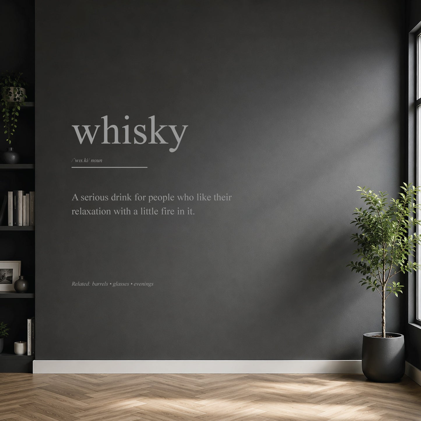 White whisky dictionary definition wall sticker on a modern kitchen or home bar wall.
