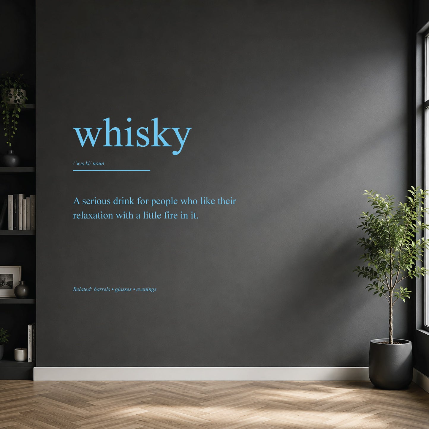 White whisky dictionary definition wall sticker on a modern kitchen or home bar wall.