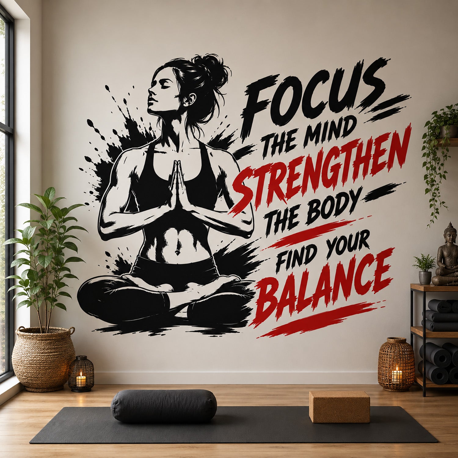 Focus The Mind Strengthen The Body yoga wall sticker featuring a woman in Lotus Pose with motivational quote artwork.