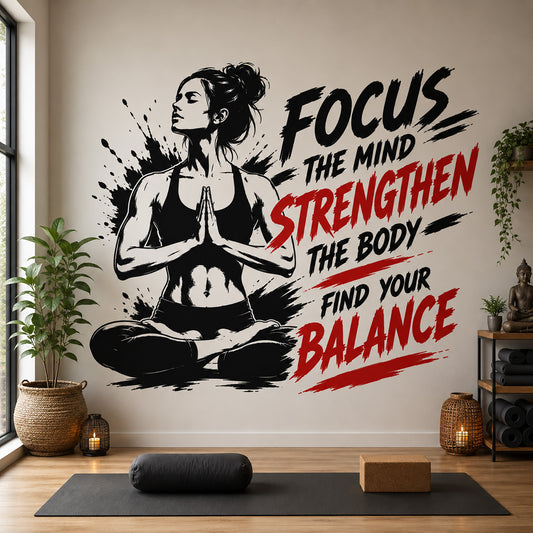 Focus The Mind Strengthen The Body yoga wall sticker featuring a woman in Lotus Pose with motivational quote artwork.