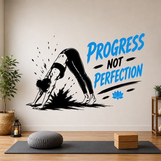 Progress Not Perfection Downward Dog yoga wall sticker featuring a woman performing Adho Mukha Svanasana with calming blue lettering.