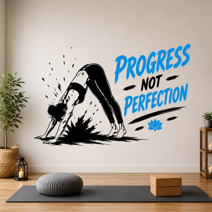 Progress Not Perfection Downward Dog yoga wall sticker featuring a woman performing Adho Mukha Svanasana with calming blue lettering.